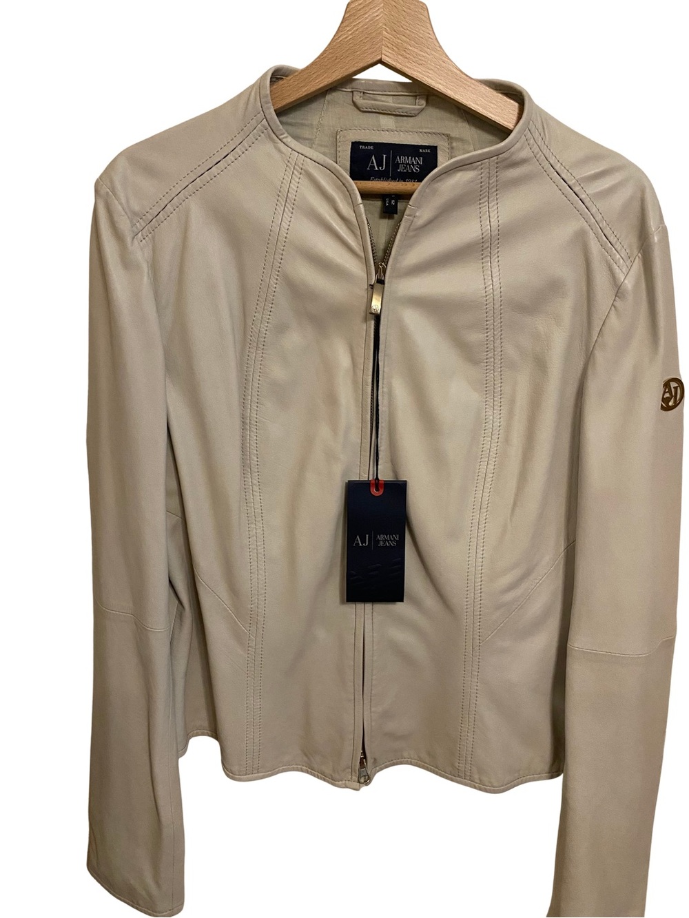 NWT Armani Jeans Cream Ivory Leather Zip-Front Jacket Size USA 12 / EU 48